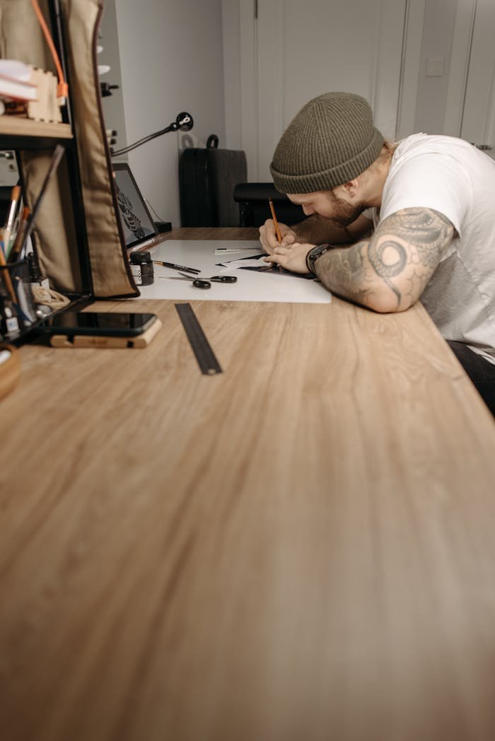 service-03 A tattoo artist drawing a new design in a tattoo parlor with a focus on creativity and detail.