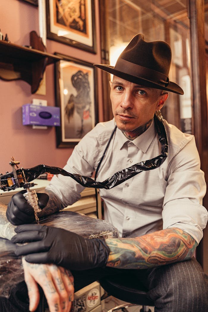 bachelor-party-02 Tattoo artist in gloves and fedora, focused on his craft in a studio.